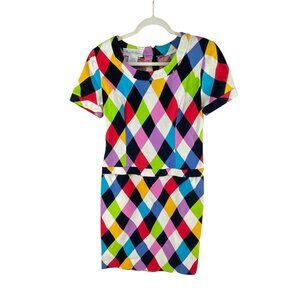 Maggy Boutique 980s Colorful Mardi Gras Pattern Short Sleeve Sheath Dress Size 8